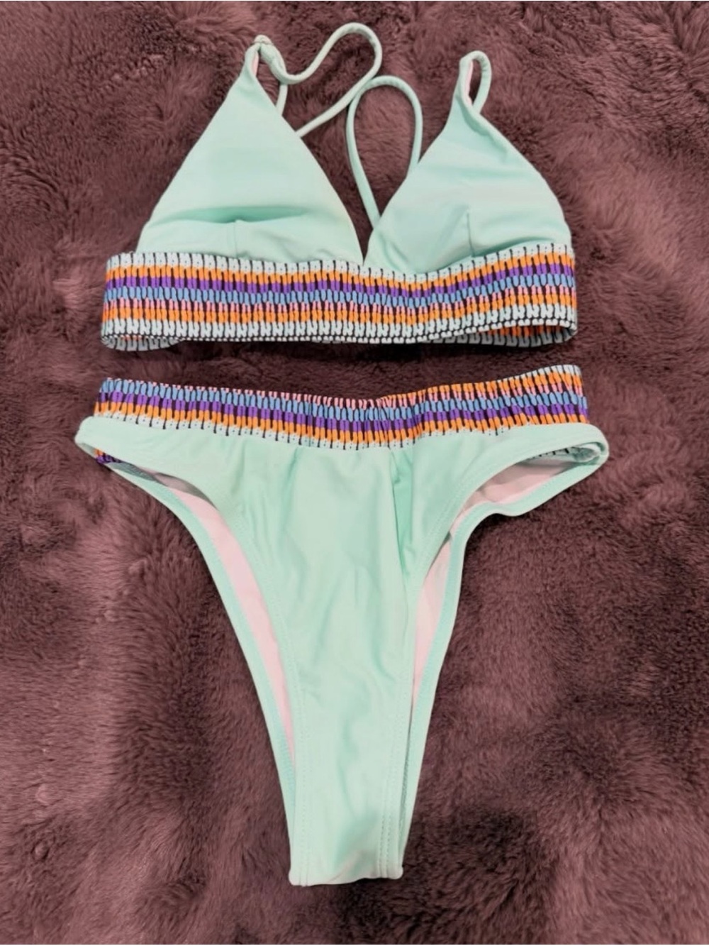Girls Mint Green Two-Piece Swim Set with Colorful Smocked Trim